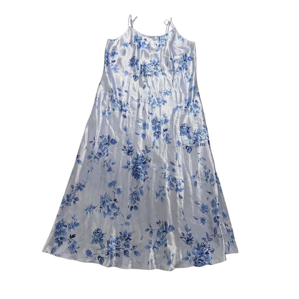 Oscar de la Renta Pink Label Blue Floral Satin Nightgown & Robe Set Large Y2K - Picture 9 of 16